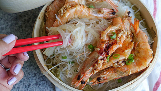 Instapot Steamed Garlic Shrimp over Vermicelli