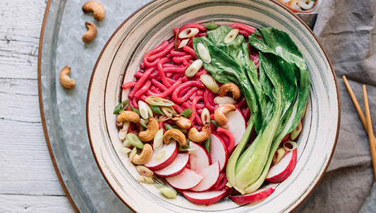 Vegan Udon with Bok Choy in Ginger Beet Broth