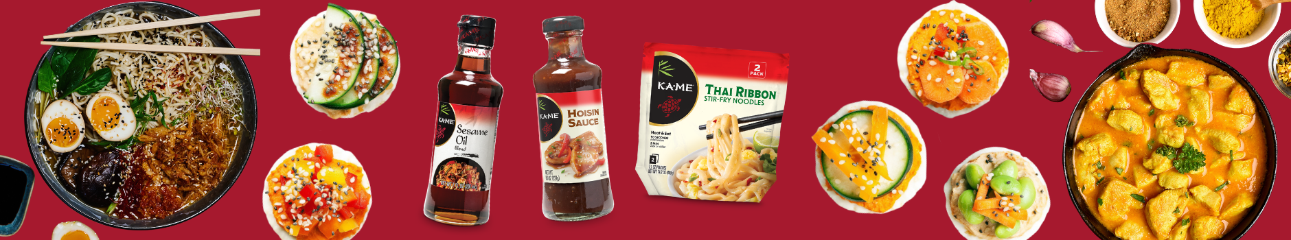Various Kame items and a background that includes various Asian cuisine