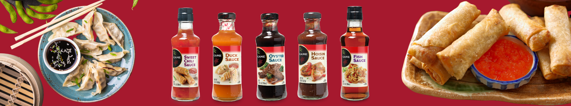 Ka-Me Sauces with a background that includes a plate of dumplings and a tray of eggrolls 