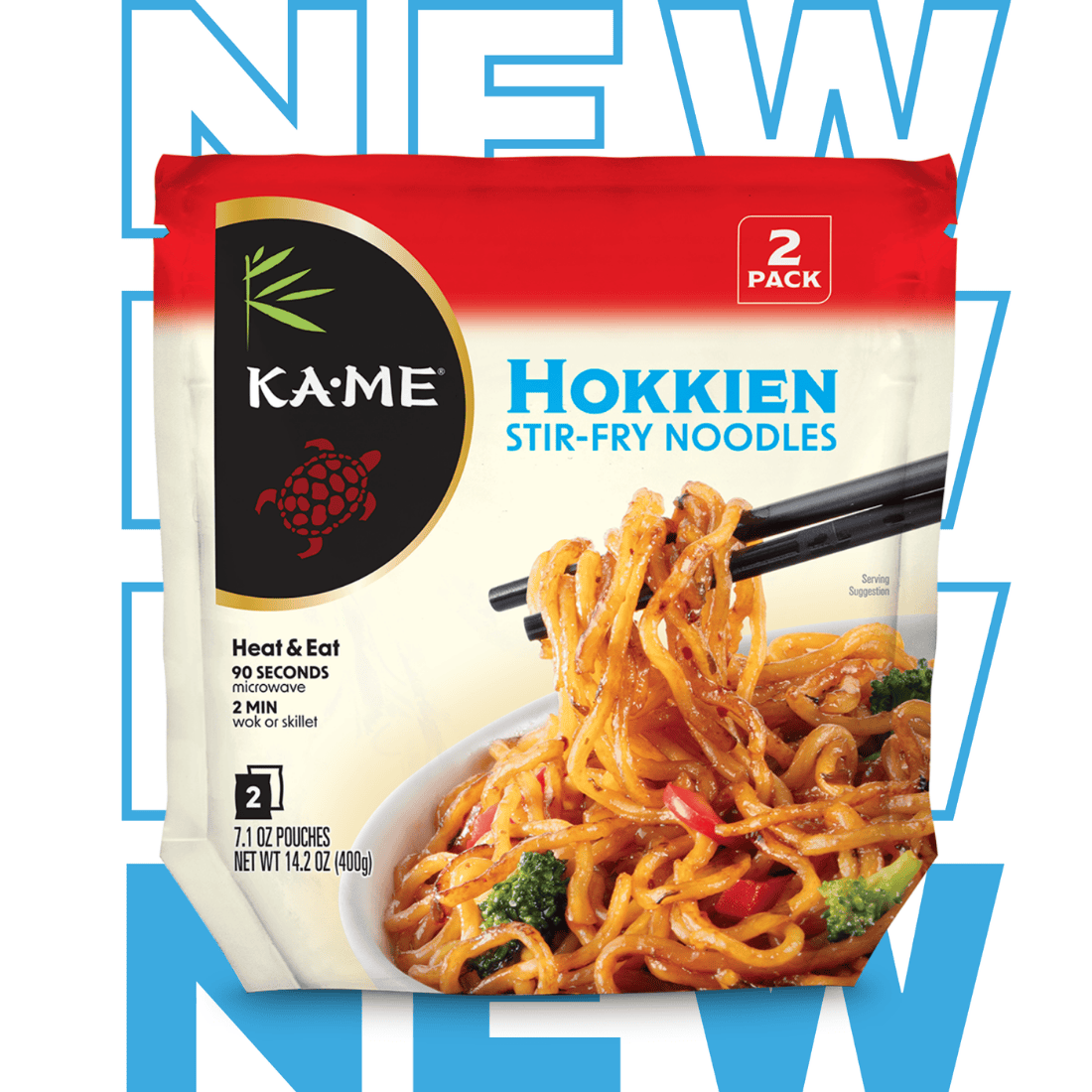 Packaging of Ka-Me Hokkien Stir-Fry Noodles with a visual of noodles and chopsticks on a white background.