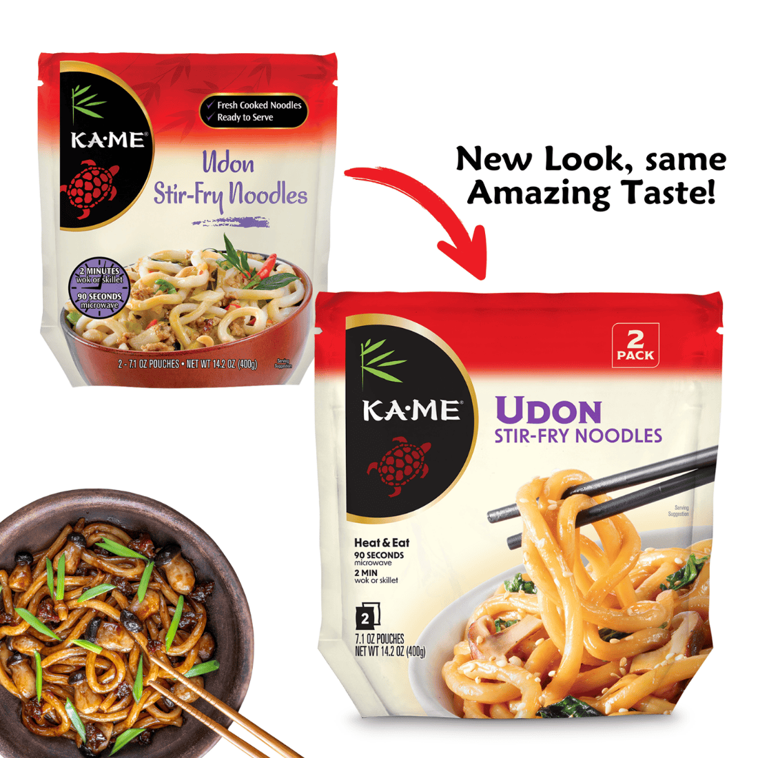 Kame Udon Stir-Fry Noodles packaging with a bowl of noodles and text 'New Look, same Amazing Taste!'.