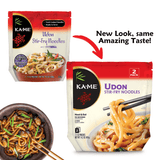 Kame Udon Stir-Fry Noodles packaging with a bowl of noodles and text 'New Look, same Amazing Taste!'.