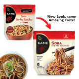 Two packages of KA-ME Soba Stir-Fry Noodles with an arrow pointing to the new packaging design.
