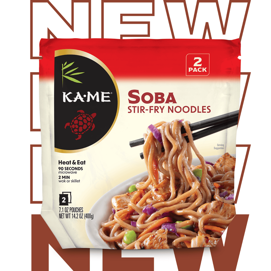 Kä-Mé Soba Stir-Fry Noodles packaging with a bowl of noodles and chopsticks.