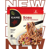 Kä-Mé Soba Stir-Fry Noodles packaging with a bowl of noodles and chopsticks.