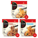 Three Kame Stir-Fry Noodle pouches arranged on a white background: Udon, Soba, and Hokkien. Each pouch shows a 2-pack quantity and includes a red circular 'x2' badge below it.
