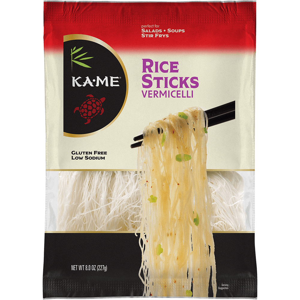 A package of Kame Rice Sticks Vermicelli, featuring a red and cream bag with a photo of vermicelli noodles on chopsticks, shown against a plain white background.
