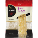 A package of Kame Rice Sticks Vermicelli, featuring a red and cream bag with a photo of vermicelli noodles on chopsticks, shown against a plain white background.