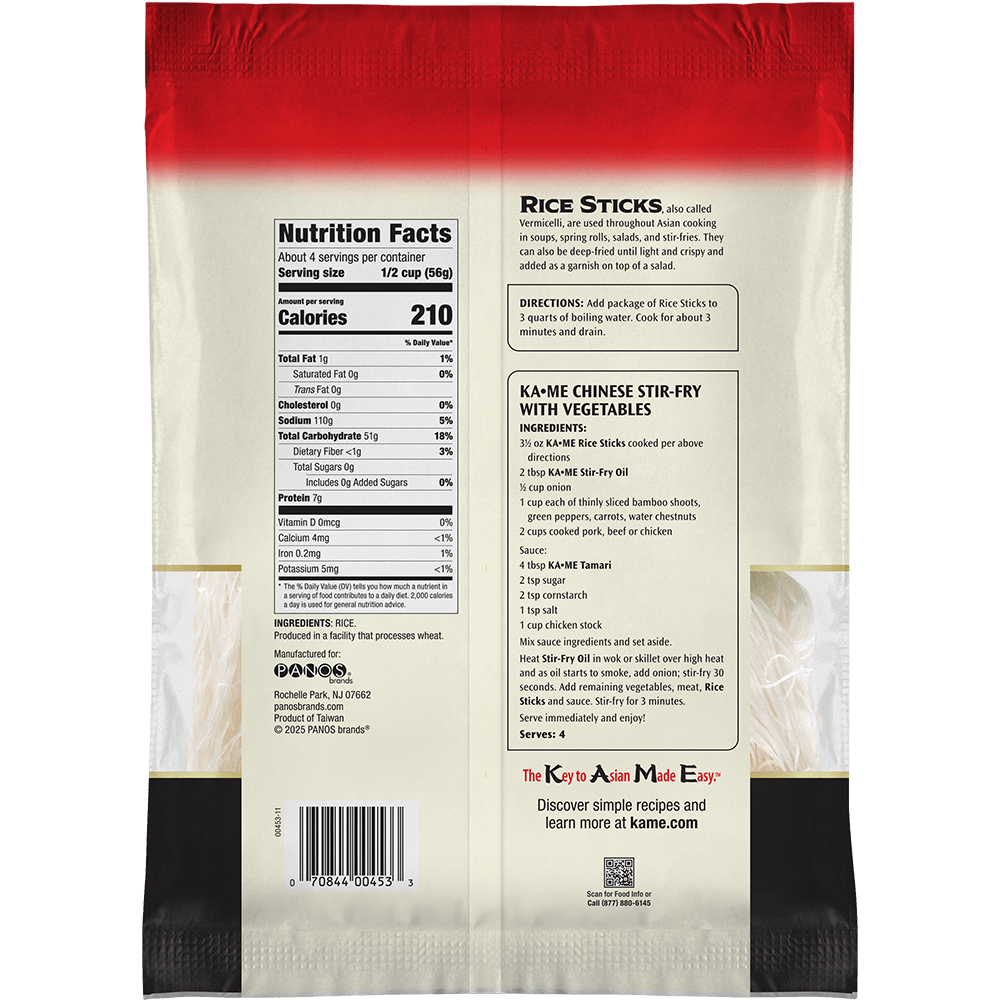 Back view of a Kame Hui Rice Sticks and Stir-Fry bag showing nutrition facts, directions, ingredients, barcode, and branding on a white background.