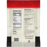 Back view of a Kame Hui Rice Sticks and Stir-Fry bag showing nutrition facts, directions, ingredients, barcode, and branding on a white background.