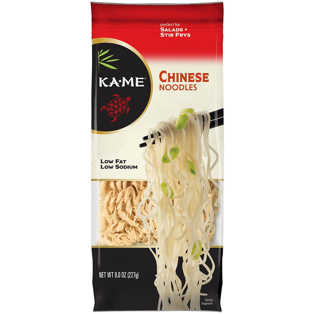 A package of Kame Chinese Noodles, 8.8 oz (227g), featuring a red, white, and black design with a clear window showing the dried noodles inside.