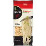 A package of Kame Chinese Noodles, 8.8 oz (227g), featuring a red, white, and black design with a clear window showing the dried noodles inside.