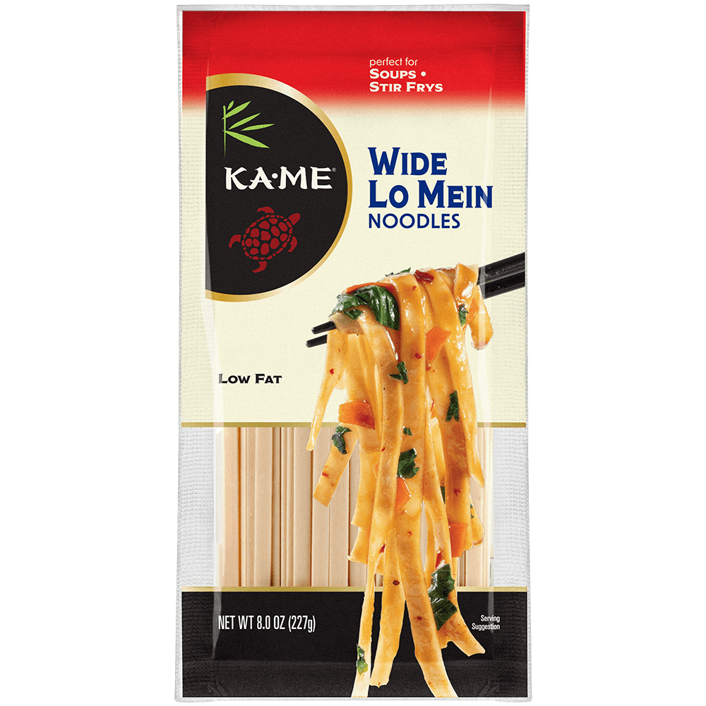 A package of Kame Wide Lo Mein noodles, featuring a red, cream, and black label with a photo of stir-fried noodles on chopsticks.