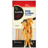 A package of Kame Wide Lo Mein noodles, featuring a red, cream, and black label with a photo of stir-fried noodles on chopsticks.