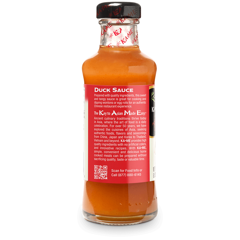 A bottle of KA-ME Duck Sauce, showing the back label with product details, set against a plain white background.