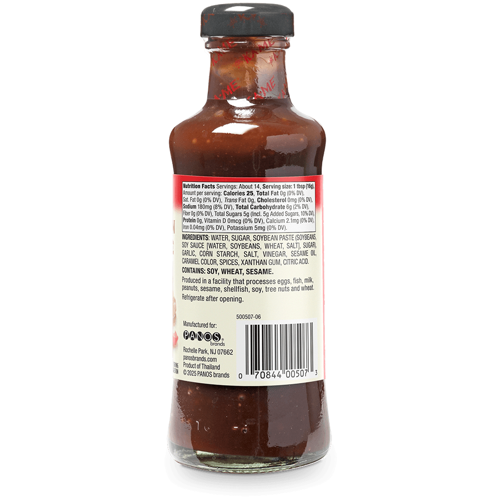 A bottle of sauce shown from the back, displaying the nutrition facts label, ingredients list, manufacturer details, and barcode against a white background.