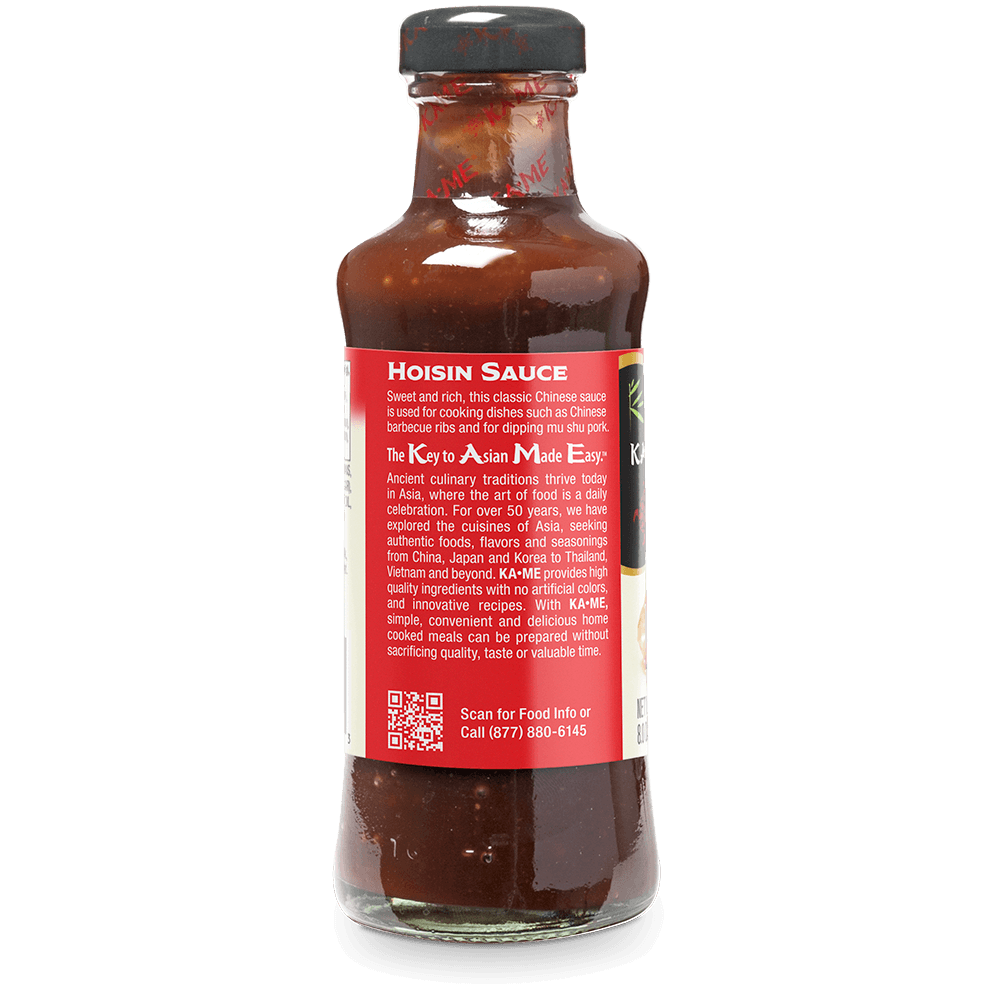 A bottle of Hoisin Sauce from The Kitchen of Kame, featuring a dark brown sauce visible through the glass and a red label with white text.