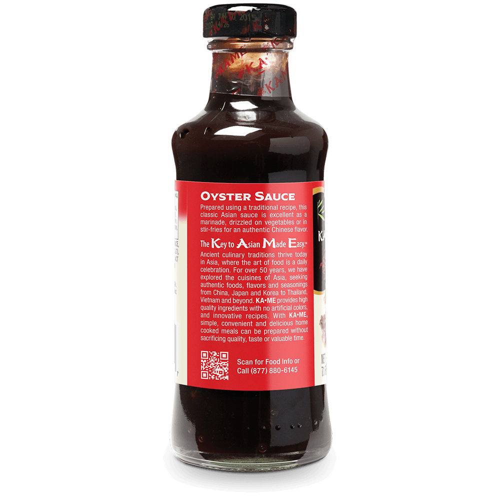A bottle of KAME Asian Master Brand Oyster Sauce shown from the back, featuring a red label with white text and a black cap, on a white background.