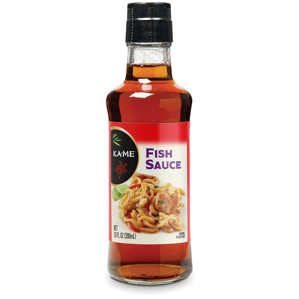 A bottle of Kame Fish Sauce with a black cap and a red and white label, shown on a plain white background.
