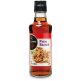 A bottle of Kame Fish Sauce with a black cap and a red and white label, shown on a plain white background.