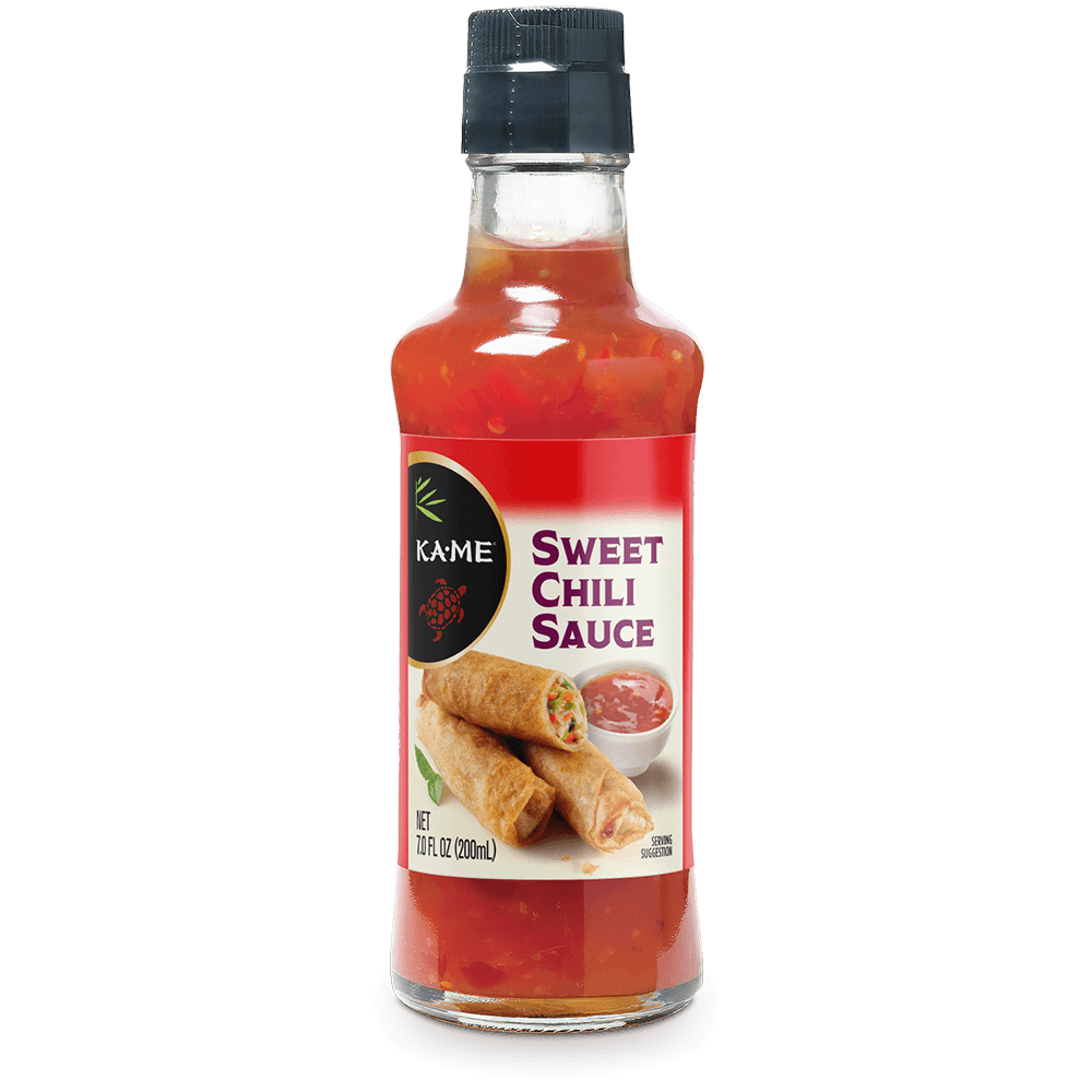 A bottle of Kame Sweet Chili Sauce with a red label and black cap, shown on a plain white background.
