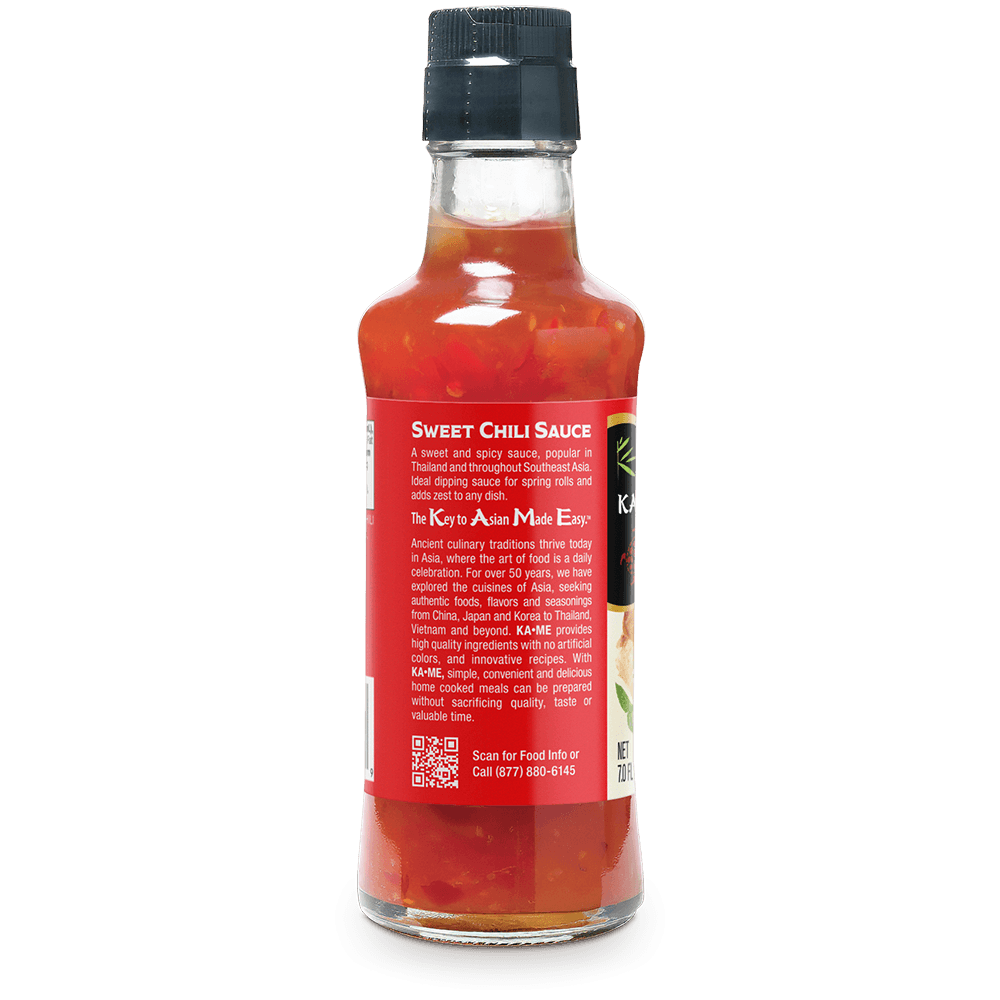 A bottle of Kame's Asian & Me Eats Sweet Chili Sauce, showing the back label and black cap on a white background.