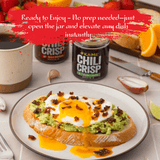 Chili crisp jar with a dish of avocado toast and egg on a table.
