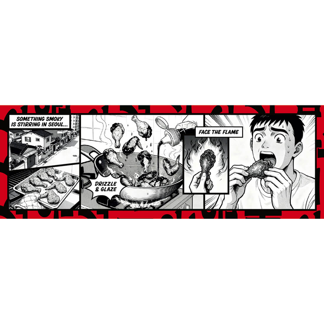 Comic-style illustration of a person eating food with text and images of cooking.