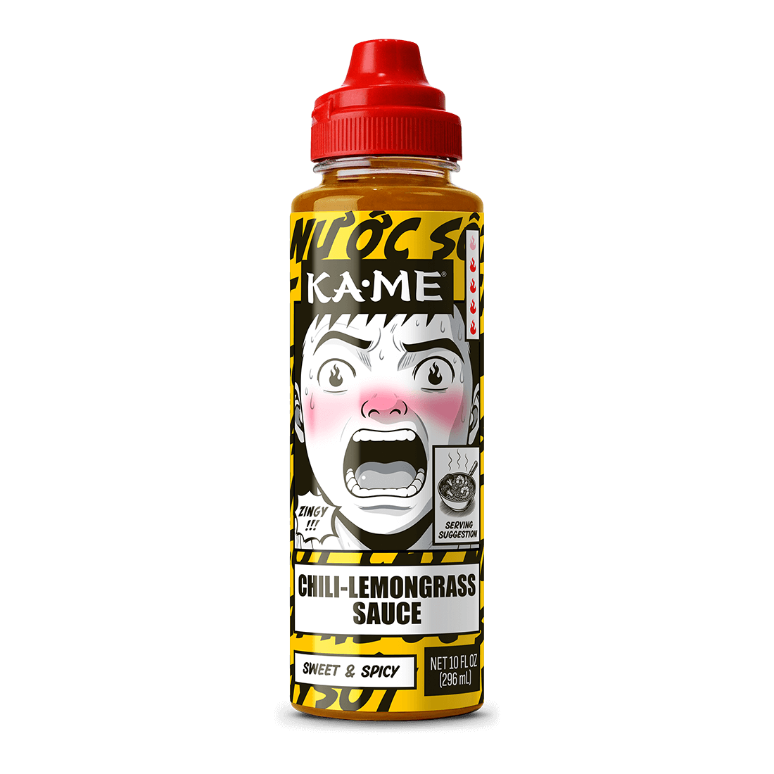 Sauce bottle with a red cap and colorful label 
