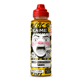 Sauce bottle with a red cap and colorful label 