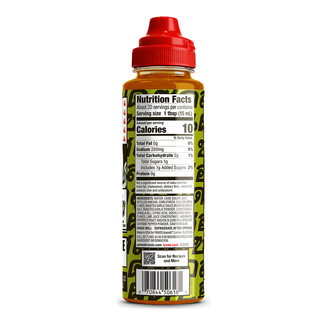 Bottle with a red cap and nutrition label 