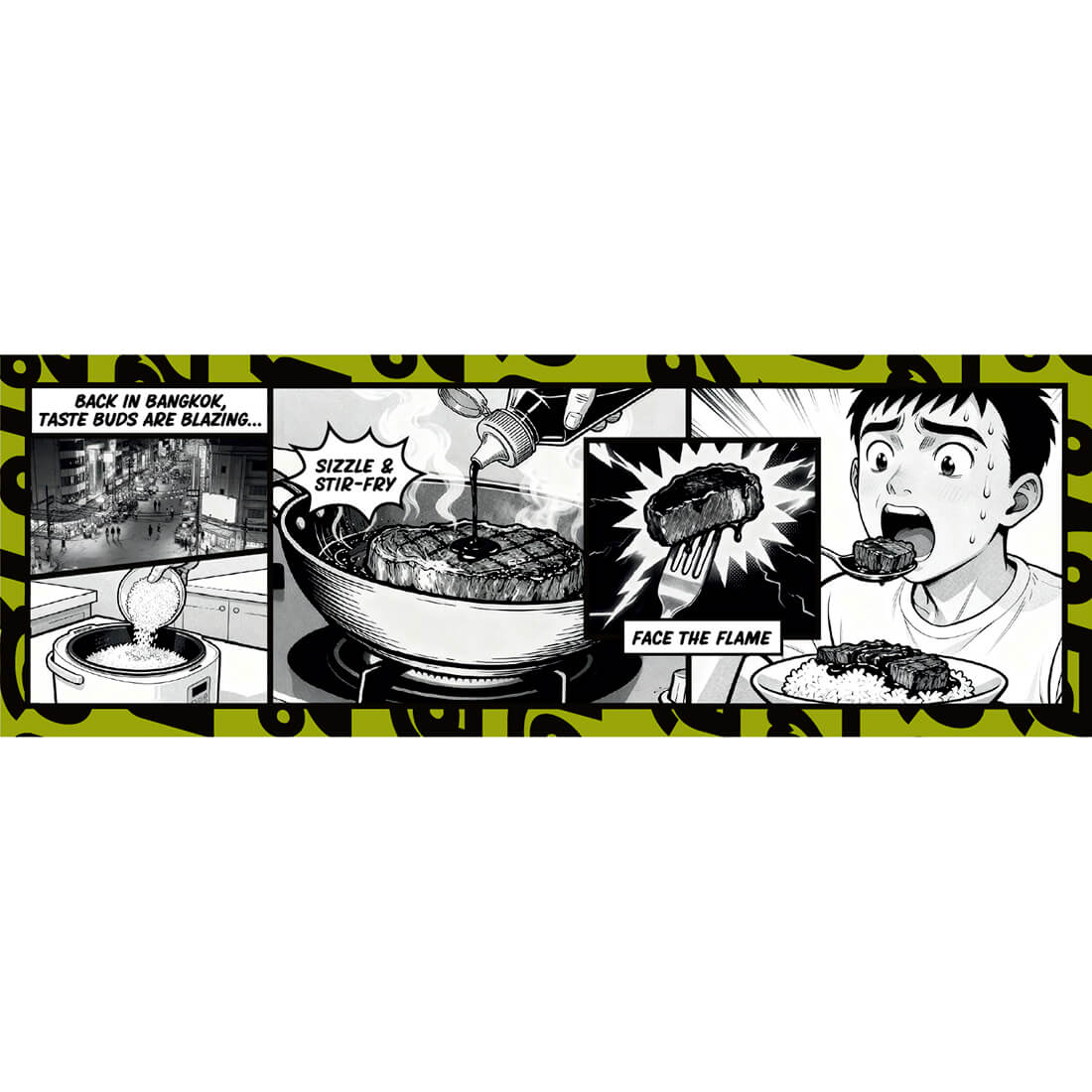 Comic-style illustration of a person cooking and eating food with text bubbles.