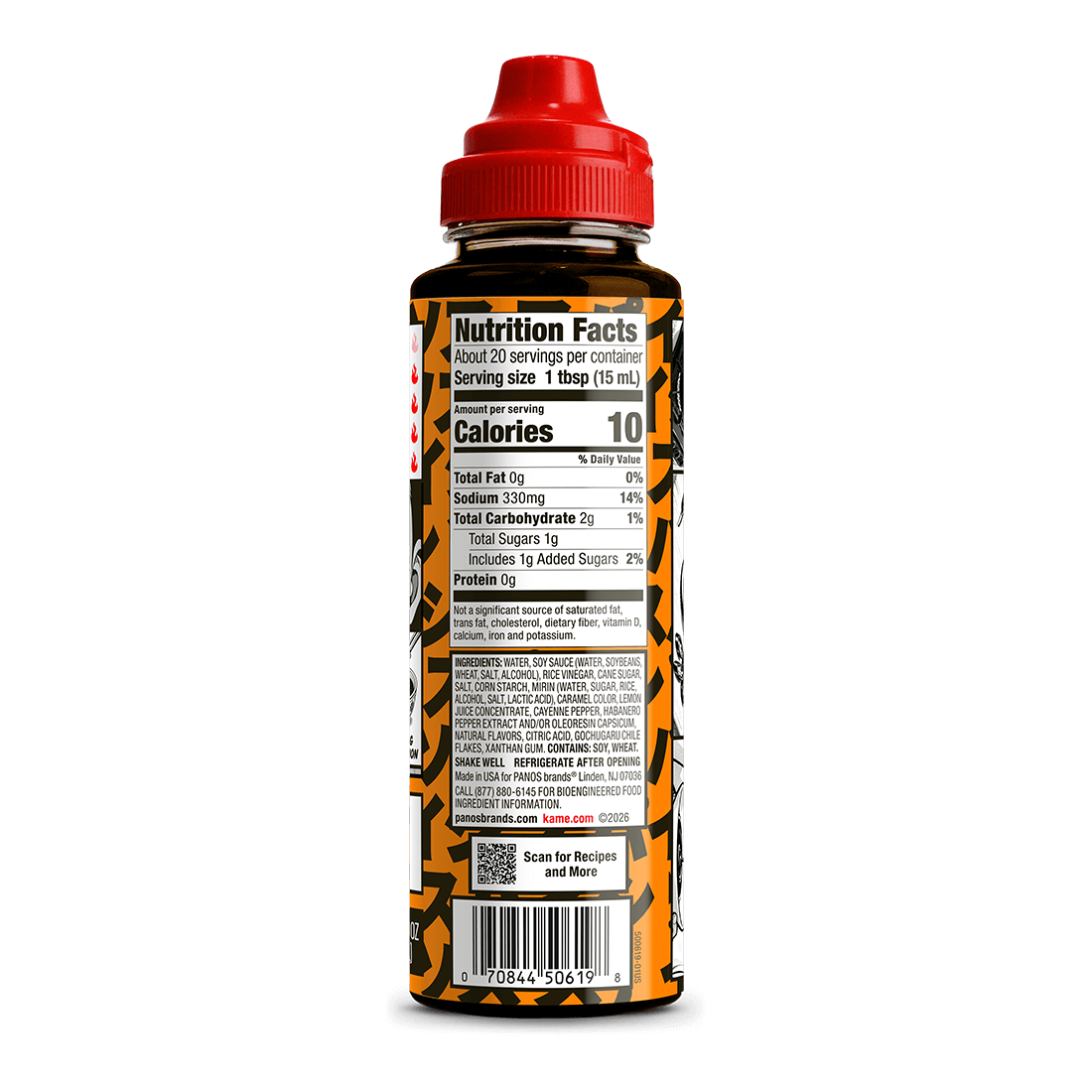 Bottle with a red cap and nutritional label 